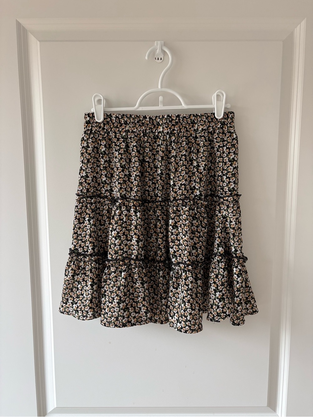 Black Floral Tiered Mini Skirt with Elastic Waist